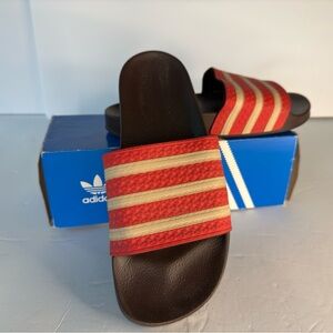 Adidas Red and Tan Slides with brown sole